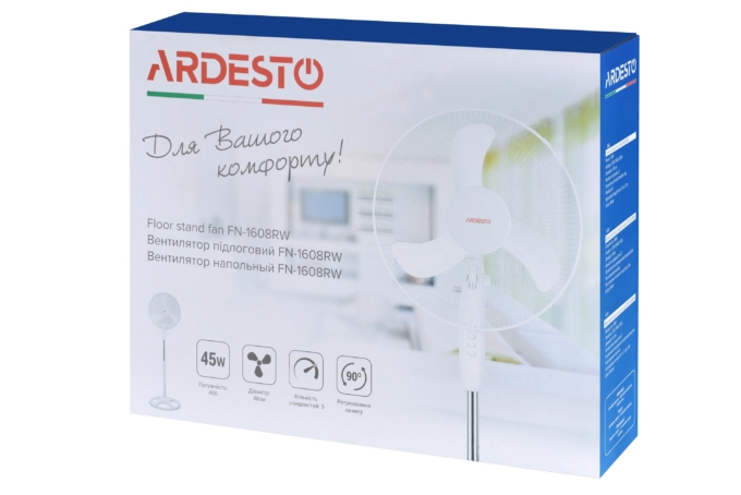 Вентилятор ARDESTO підлоговий, 40см, 45Вт, опора кругла, білий