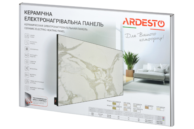 Керамічна панель ARDESTO, 12м2, 600Вт, мех. упр-ння, 90 х 60см, білий мармур