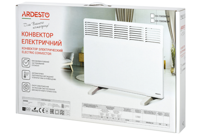 Convector ARDESTO, 15m2, 1500w, mechanical control, closed heating element, white