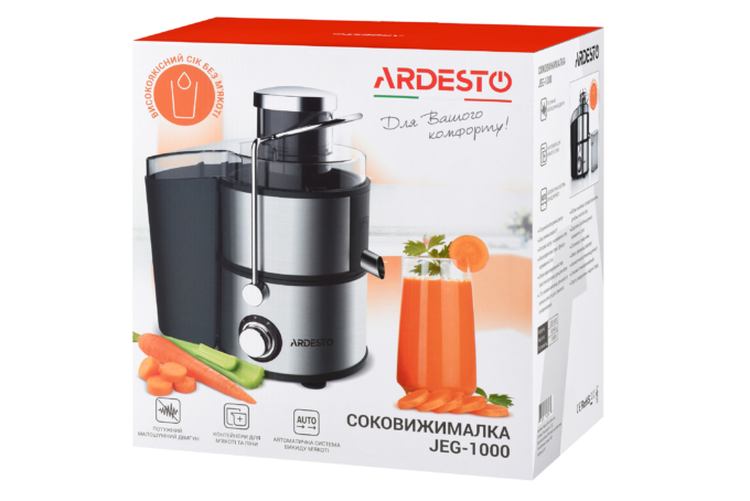 Соковитискач Ardesto відцентрований 1000Вт, чаша-0.5л, жмих-1.5л, пластик/метал, сріблясто-чорний