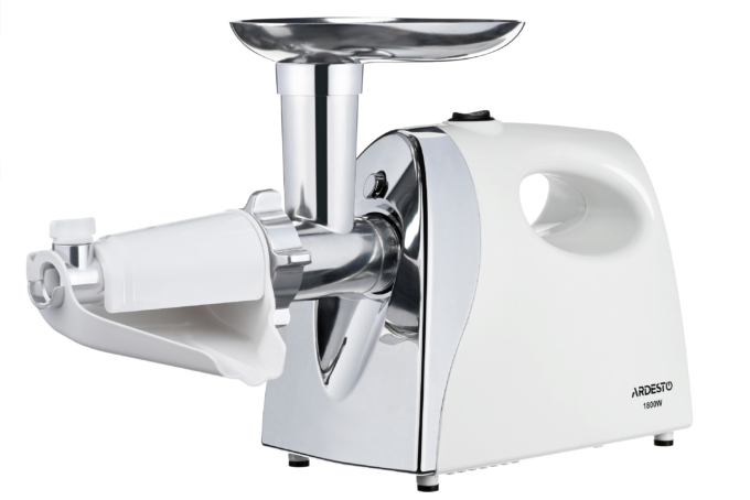 Ardesto meat grinder, 1800W, 2kg/min, 3 cutting plates, sausages nozzle, tomato juicer, plastik, white-silver
