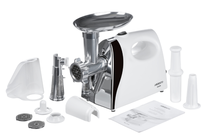 Ardesto meat grinder, 1800W, 2kg/min, 3 cutting plates, sausages nozzle, tomato juicer, plastik, white-silver