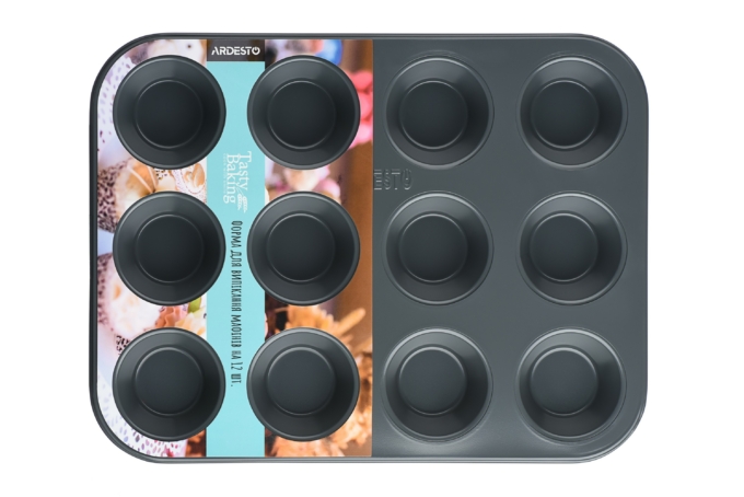 Форма для випікання мафінів Ardesto Tasty baking, 35х26.5х3см, 12шт, вуглецева сталь, сіро-блакитний