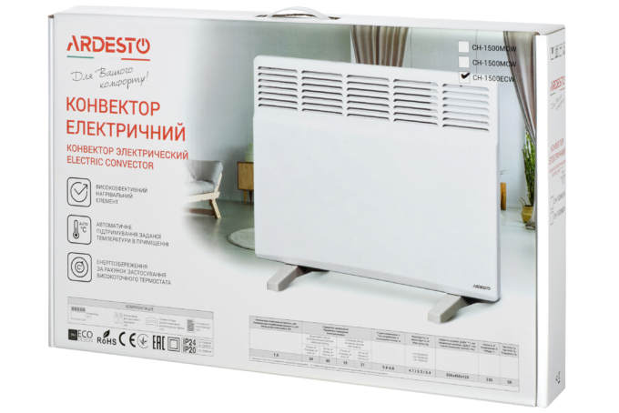 Electric convector ARDESTO СН-1500ECW, 15 m2, 1500 W, LED-display, week programming