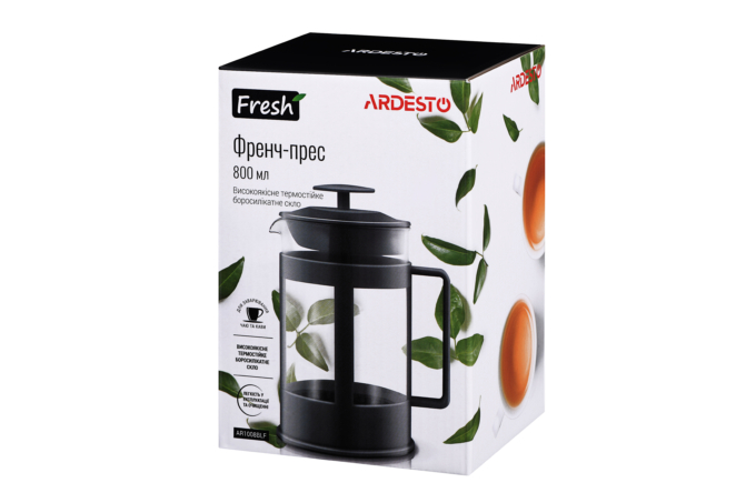 Френч-прес Ardesto Fresh, 800мл, боросилікатне скло, пластик, прозорий, чорний