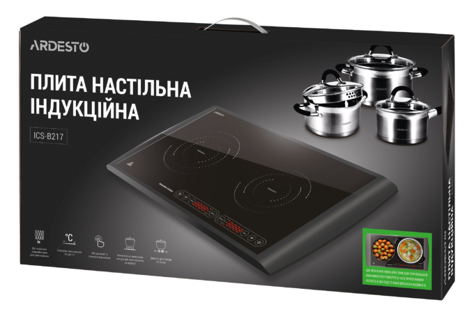 Плитка настільна Ardesto індукційна, конфорок – 2 на 1.3кВт + 1.6кВт горизонт., керування – сенсорне, таймер, чорний