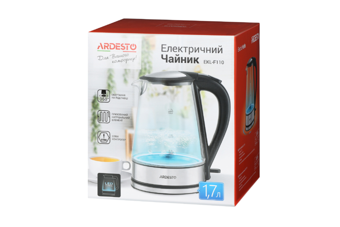 Електрочайник Ardesto 1.7л, Strix, скло, чорний