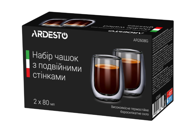 Ardesto Doublewall mug set Ardesto, 80ml, 2pcs, borosilicate glass, transparent