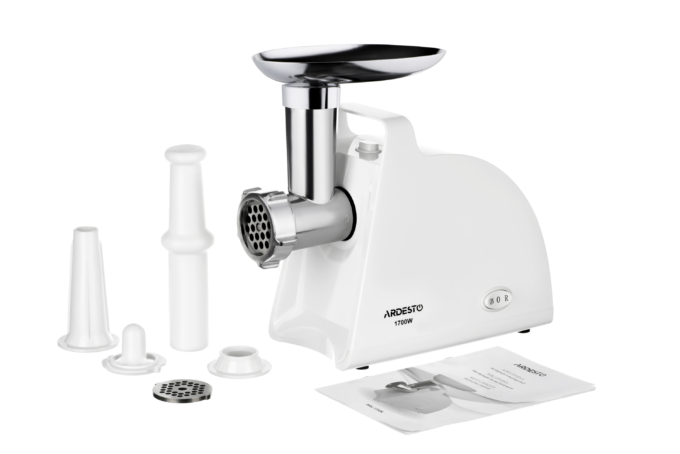 Ardesto meat grinder, 1700W, 1.6kg/min, 2 cutting plates, sausages nozzle, plastik, white