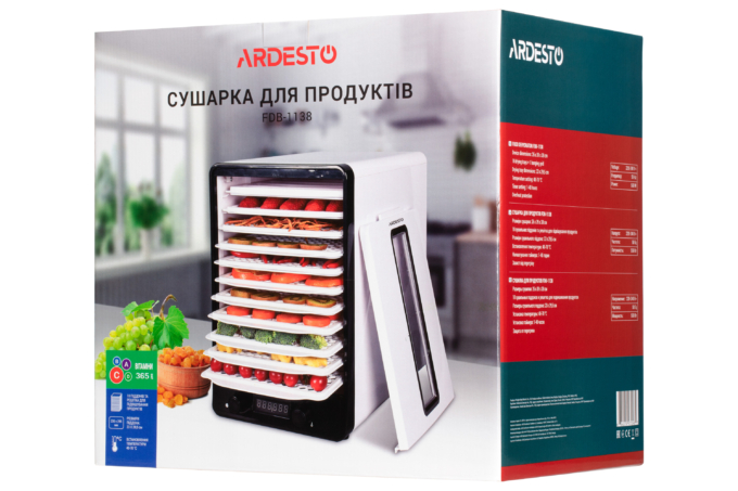 Сушарка для продуктів Ardesto 550Вт, піддонів – 10+1×3см, макс – 70°С, сітка для ягід, пластик, білий
