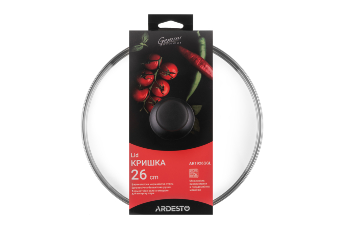 Кришка Ardesto Gemini Gourmet, 26см, термостійке скло, нержавіюча сталь, бакеліт