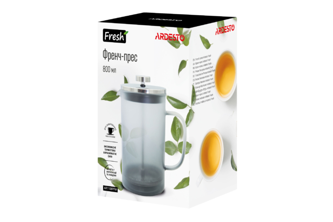 Френч-пресс Ardesto Fresh Matt, 800мл, боросиликаное стекло, пластик, серый