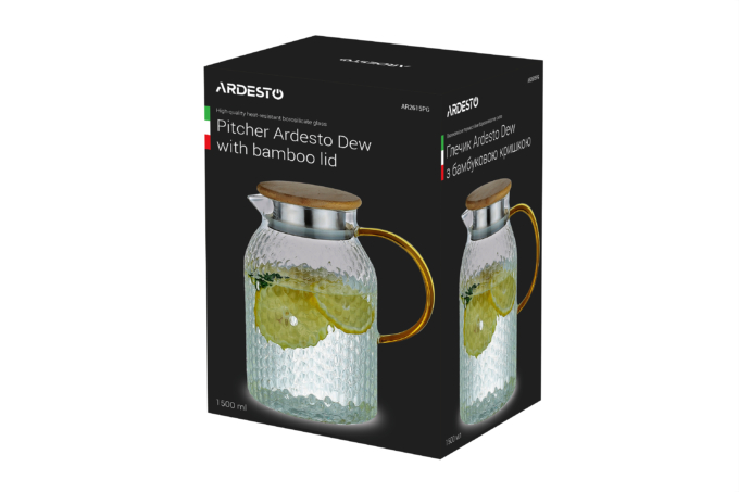 Ardesto Pitcher with lid Dew, 1500ml, borosilicate glass, stainless steel, bamboo, transparent