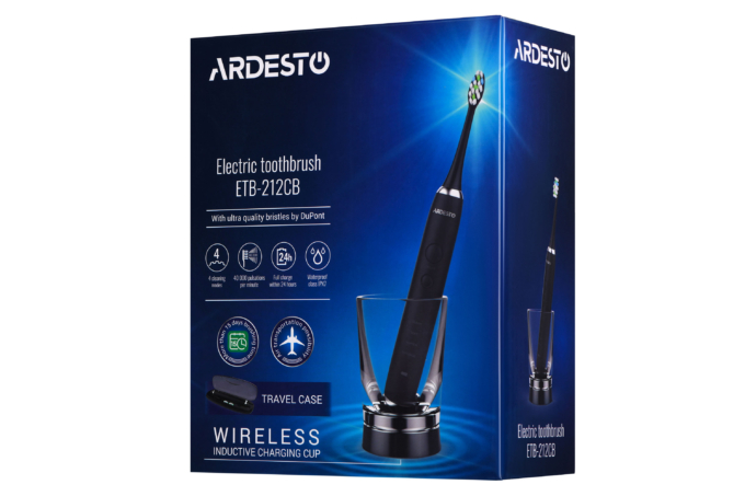 Ardesto toothbrush electric ETB-212CB, 40th. fluct/min, nozzle-4, футляр, IPX7, black
