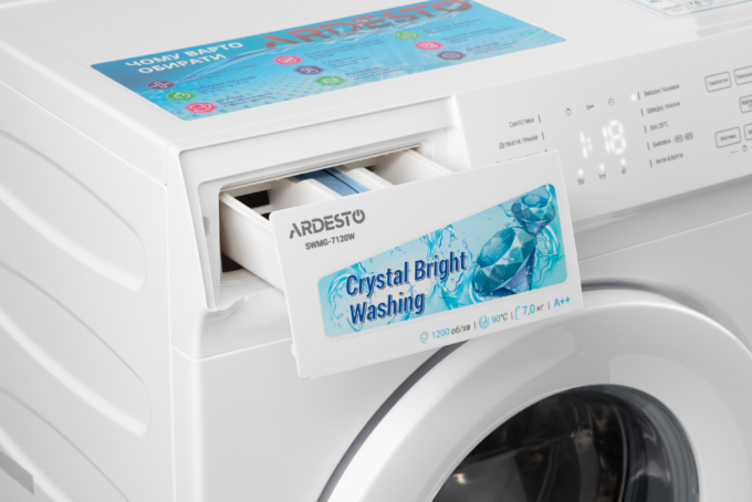 Пральна машина ARDESTO фронтальна Crystal Bright, 7кг, 1200, А++, 42см, дисплей, сенсор.управл., дозавантаж., білий