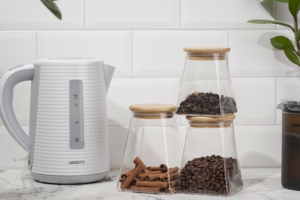 Ardesto electric kettle White stripes, 1.7L, plastic, Strix, white-grey