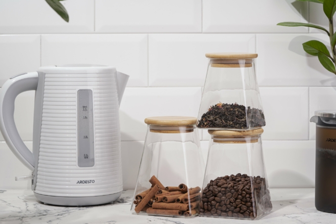 Ardesto electric kettle White stripes, 1.7L, plastic, Strix, white-grey