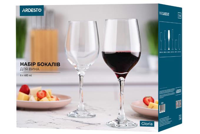 Ardesto Wine glasses set Gloria, 480ml, 6pcs, transparent