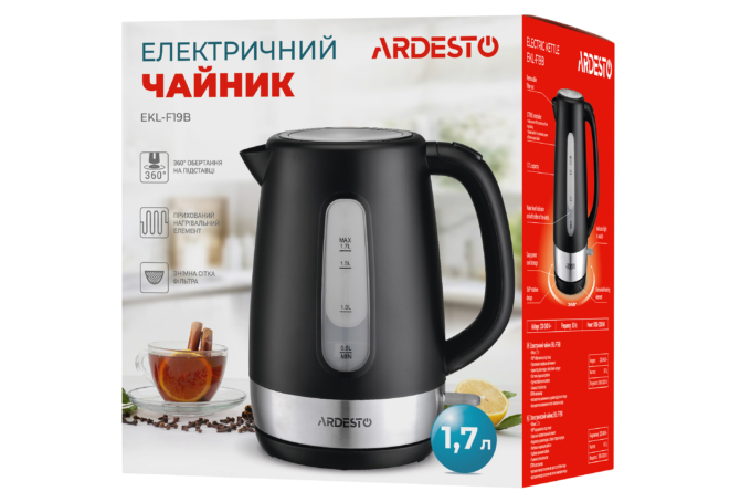 Ardesto electric kettle, 1.7L, plastic, matte, Strix, black-silver