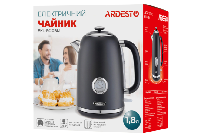 Електрочайник Ardesto Vintage Dream 1.8л, Strix, метал, чорний матовий