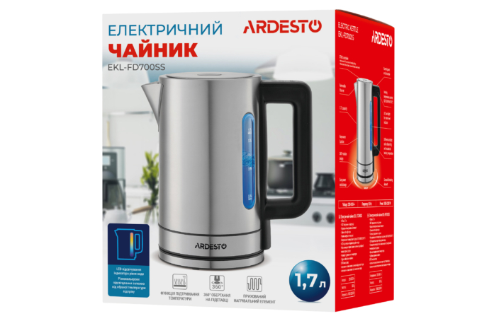 Ardesto electric kettle Steel Collection, 1.7L, metal, Strix, silver