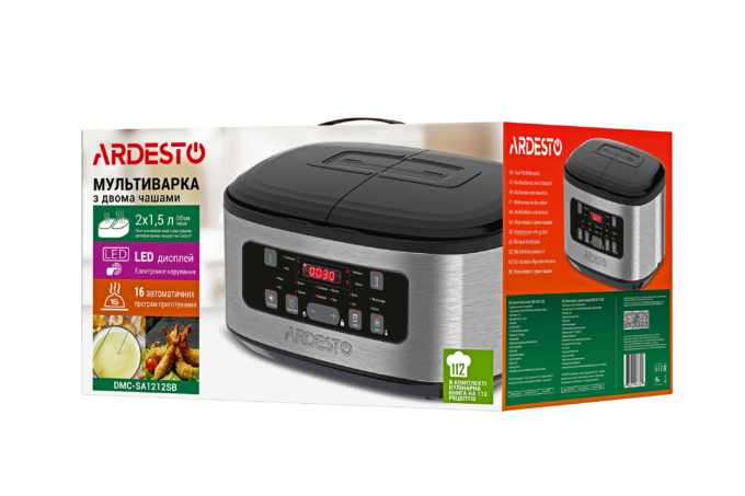 Ardesto multicooker, 900W, bowl-2х1.5l, electronic control, 2 bowls, plastic, silver-black