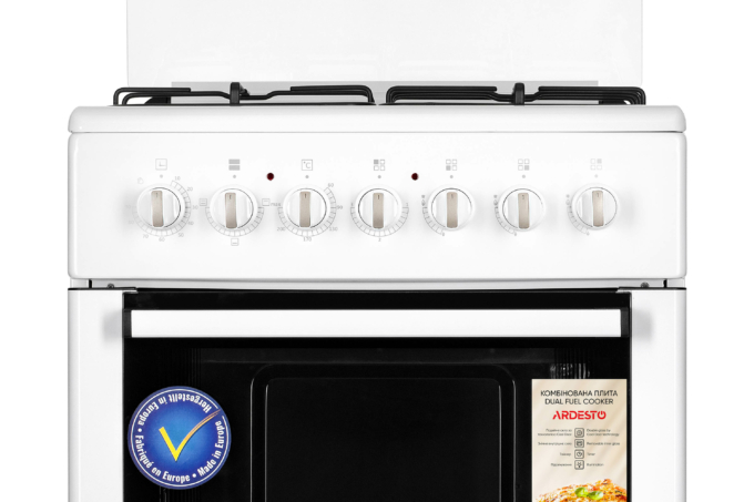 Cooker ARDESTO combined 3 gas + 1 electrical, 64L, 60x60cm, lamp, LPG conversion set (gas cylinder connection), wire rack system, white