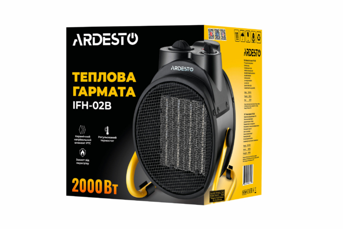 ARDESTO Теплова гармата, 20м2, 2000Вт, мех. упр-ння, 197 м3/г, керам. нагрів. елемент, чорний