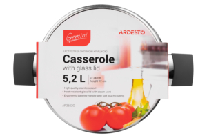 Ardesto Casserole with glass lid, Gemini Trento,  5.2l, stainless steel, bakelite
