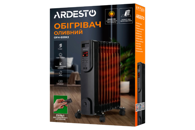 Масляный радиатор ARDESTO, 20м2, 2000Вт, электр. упр-ние, 9 секций, пульт ДУ, чёрный