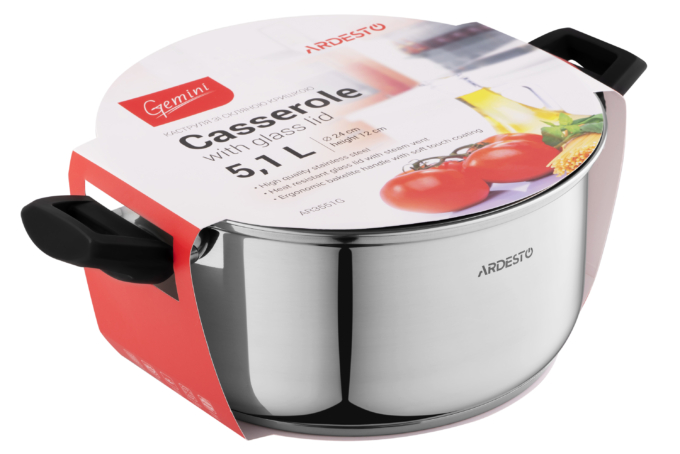 Каструля зі скляною кришкою Ardesto Gemini Piemonte, 5.1л, нержавіюча сталь, бакеліт
