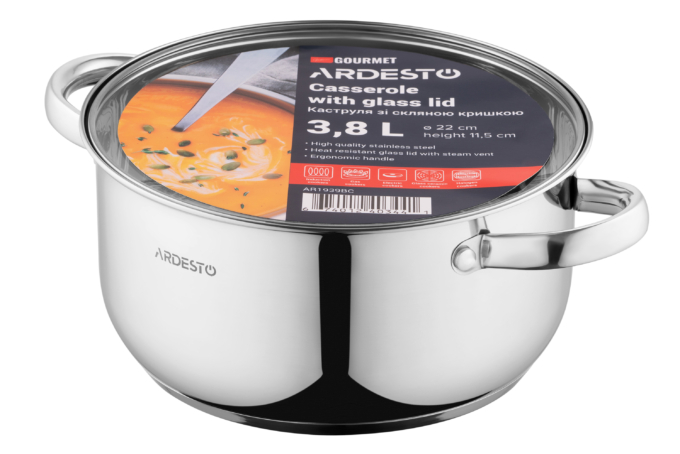 Ardesto Casserole with glass lid Gemini Gourmet Aosta, 3.8l, stainless steel