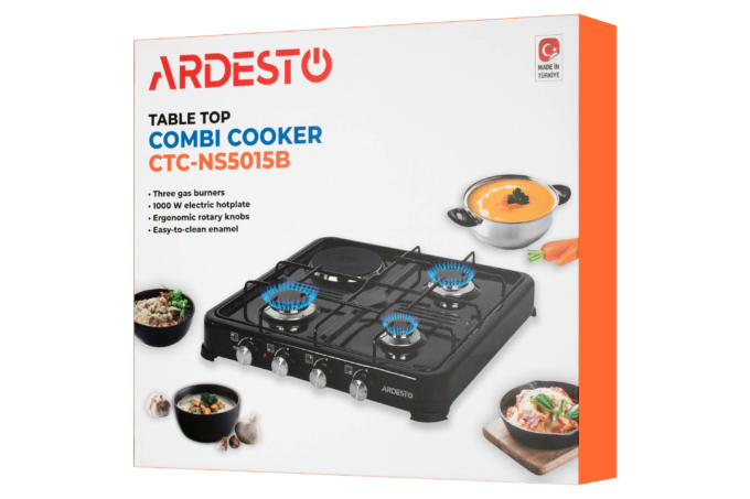 Ardesto combi cooktop CTC-NS5015B, gas type LPG, 3 alum. gas burners, 1 electric heating plate, enamel body, painted grid, color: black