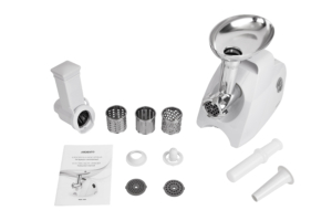 Ardesto meat grinder, 1900W, 1.8kg/min, 3 cutting plates, sausages nozzle, 4 vegetable slicer, plastik, white