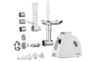 Ardesto meat grinder, 1900W, 1.8kg/min, 3 cutting plates, sausages nozzle, 4 vegetable slicer, plastik, white
