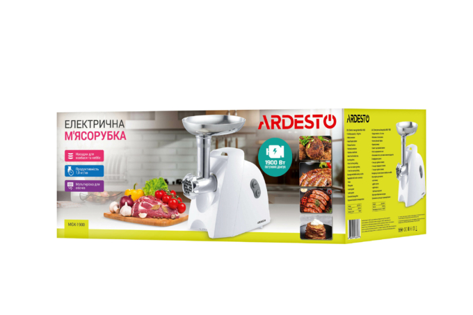 Ardesto meat grinder, 1900W, 1.8kg/min, 3 cutting plates, sausages nozzle, 4 vegetable slicer, plastik, white