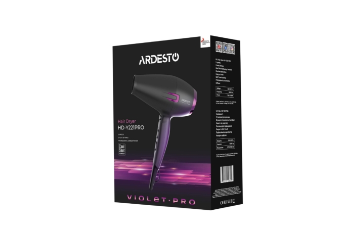 Фен Ardesto Violet PRO HD-Y221PRO ,1750-2100Вт, 2 швидкості, 3темп.режими,дифузор, чорний