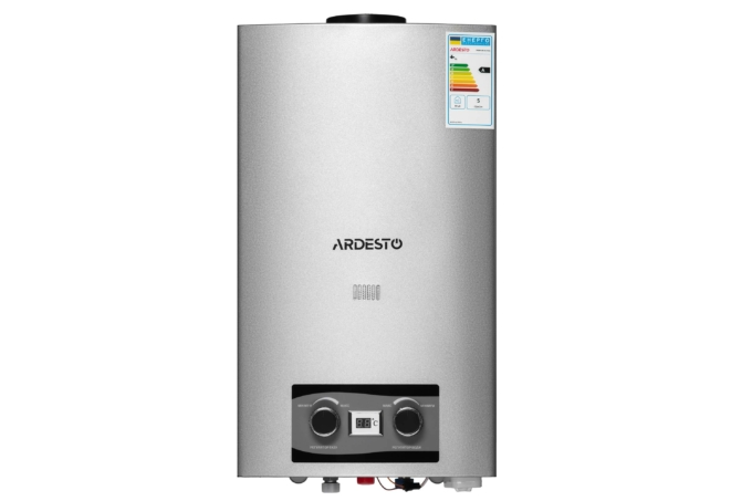 ARDESTO X2 gas column, 10 l/min, 20 kW, battery ignition, display, stainless steel