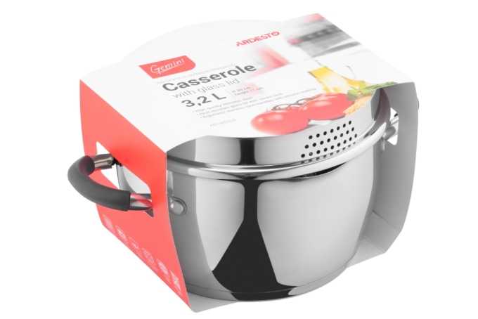 Ardesto Casserole with glass lid and drain spout Gemini Livorno, 3.2l, stainless steel, silicone