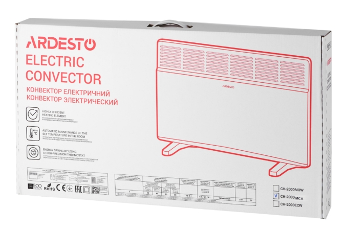Конвектор електричний ARDESTO CH-2000MCA, 2000 Вт, 20 м2, закритий нагрів. елемент, IP24, мех. керування, антрацит матовий