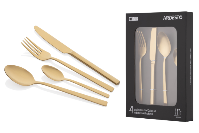Набор столовых приборов Ardesto Black Mars Favola, 4 прибора, нержавеющая сталь, золотой