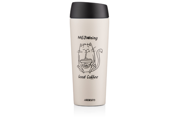 Термочашка Ardesto Coffee Time Meowning, 450мл, нержавеющая сталь, бежевый