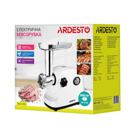 М’ясорубка Ardesto, 1600Вт, 1.6кг/хв, 3 решітки, насадка для ковбас, кеббе, пластик, білий