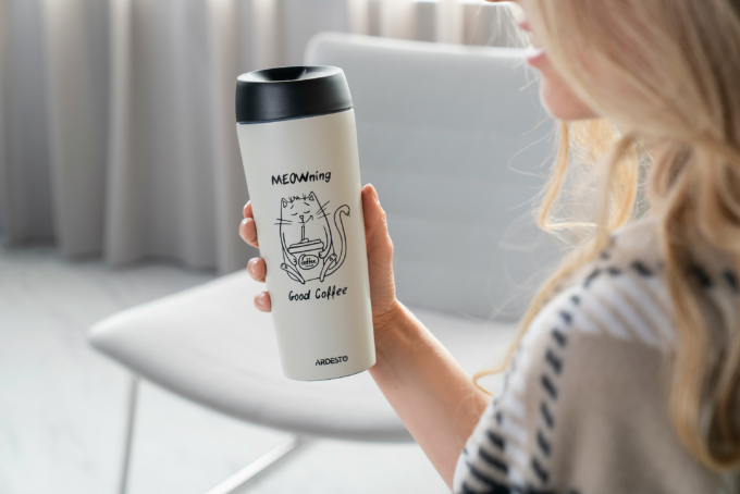 Термочашка Ardesto Coffee Time Meowning, 450мл, нержавеющая сталь, бежевый