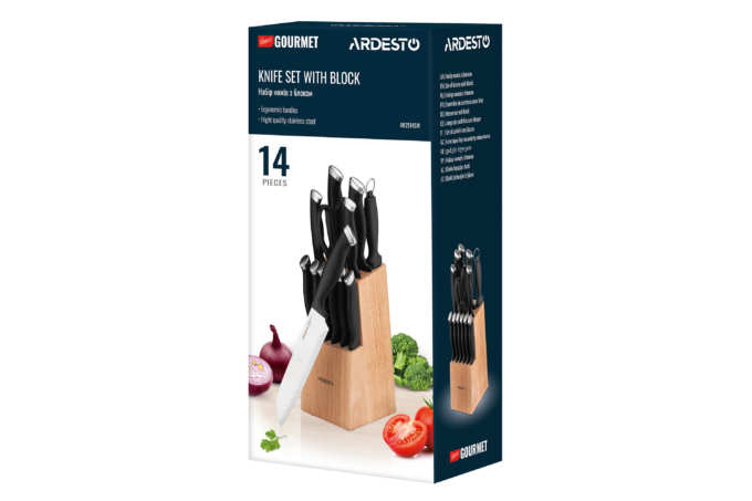 Ardesto Knives Set with block Gemini Gourmet, 14pcs, stainless steel, plastic, rubber wood