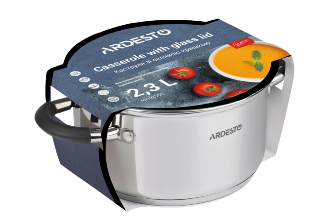 Ardesto Casserole with glass lid Gemini Salerno, 2.3l, stainless steel, silicone