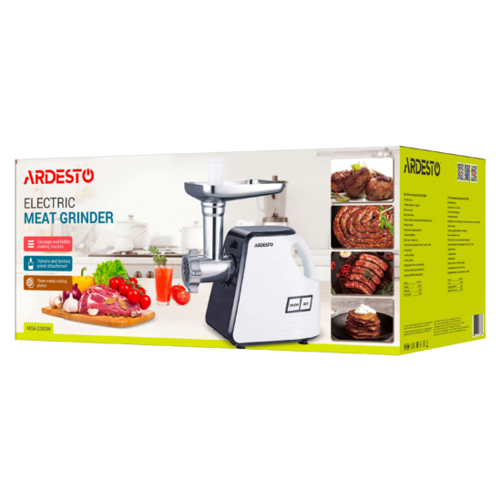 М’ясорубка Ardesto, 2300Вт, продук.-2.2кг/хв, 4 решітки + для ковб., кеббе, насадка для томатів, пластик, біло-чорний