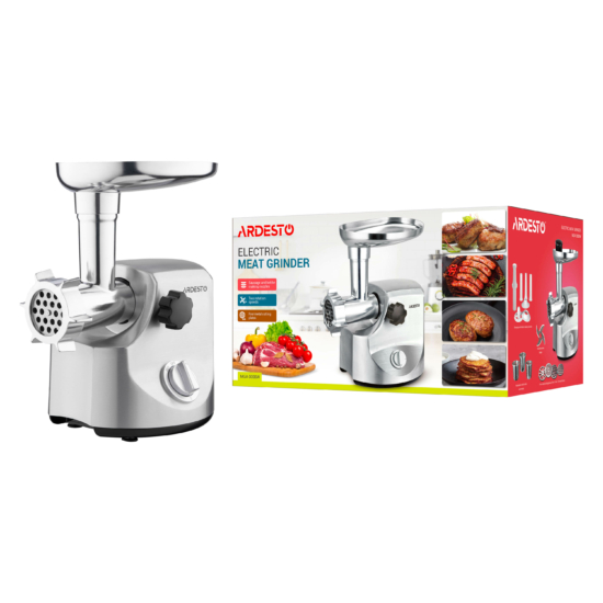 М’ясорубка Ardesto, 3000Вт, продук.-2.6кг/хв, 4 решітки + для ковб., кеббе, 3 терки, метал, сріблястий