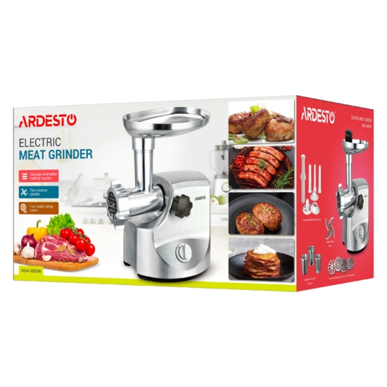 М’ясорубка Ardesto, 3000Вт, продук.-2.6кг/хв, 4 решітки + для ковб., кеббе, 3 терки, метал, сріблястий
