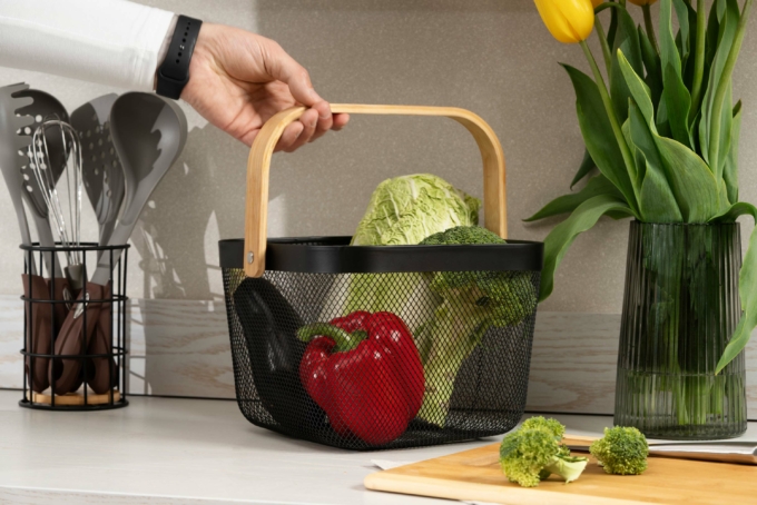 Корзина с ручкой Ardesto Midori 25х24.5х18см, металл, бамбук, черный